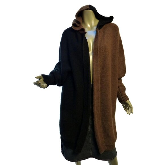 Colorblock Hooded Duster Sweater Open Front Black Cocoa Brown L - XL Alpaca? - Picture 1 of 4